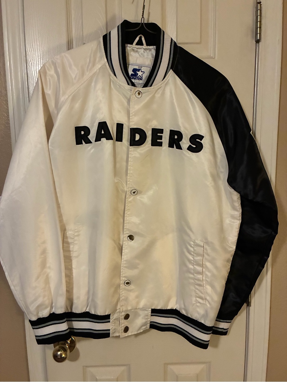 STARTER White and Black Raiders Satin Bomber Jacket